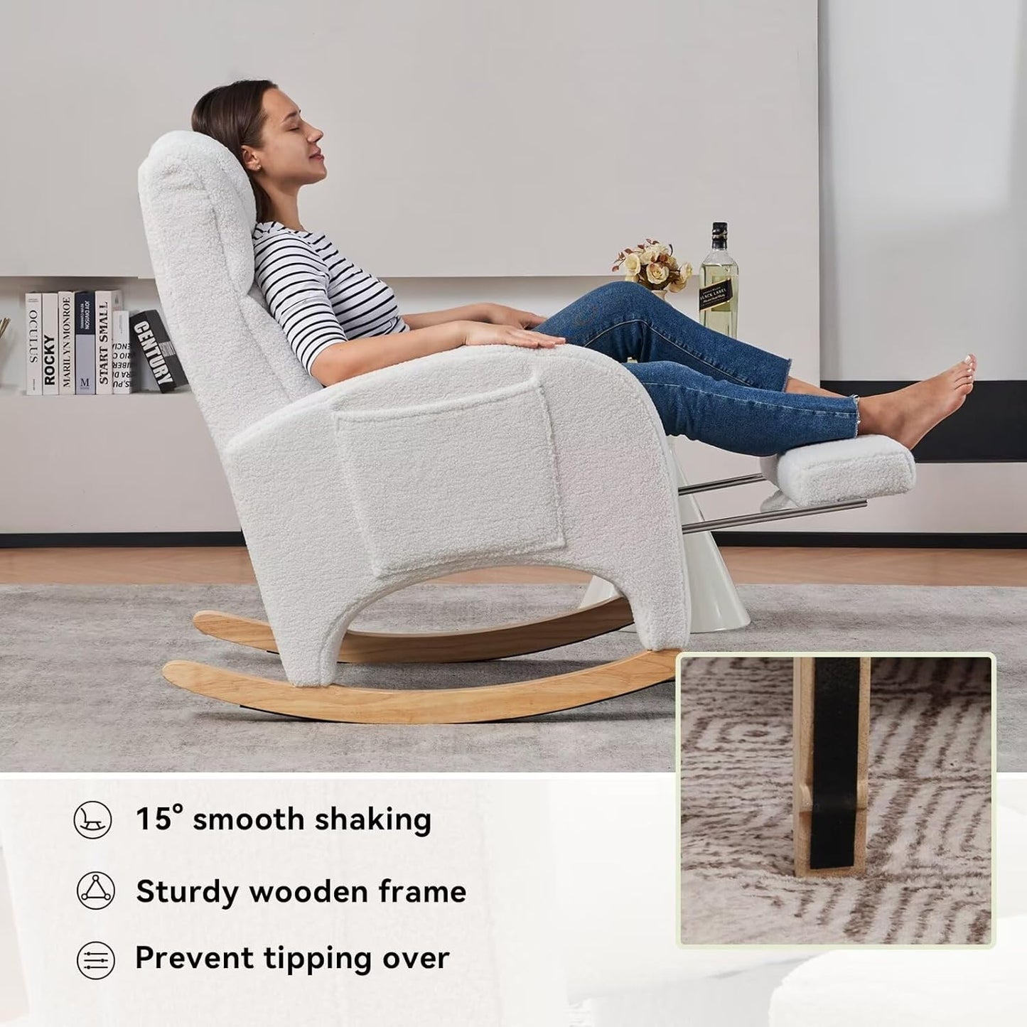 Rocking Chair Nursery, Modern Glider Chair with Adjustable Footrest and Solid Wood Legs, High Backrest Nursery Chair with Side Pocket, Rocker Armchair for Living Room Bedroom, Teddy Ivory