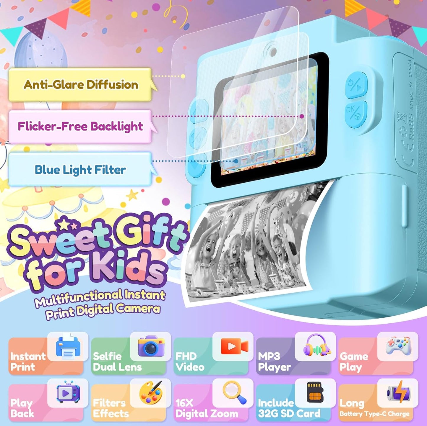 Gift for 3-12 Year Old Boys Girls: Kids Camera Digital Instant Print Dual HD Video Camera Toys for Kids Teen Boys Girls Ages 3 4 5 6 7 8 9 10 Birthday Christmas Valentines Gifts with 32G SD Card Blue