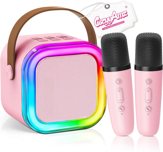 Mini Karaoke Machine for Kids Girls Boys - Birthday Gifts for Ages 4 5 6 7 8+ Year Old - 2025 New est - Portable Bluetooth Speaker with 2 Wireless Microphone - Kids' Instrument Accessories - Pink