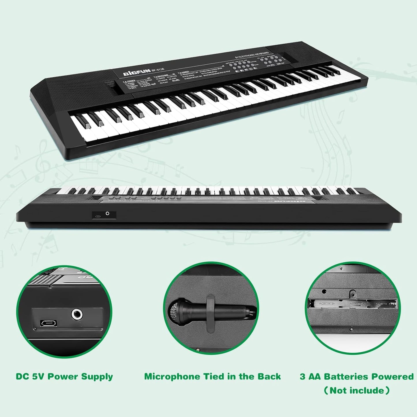M SANMERSEN Kids Music Keyboard, 61-Key Portable Electronic Piano Toy with Microphone, Teaching Tool for Beginners, Ages 3-12, Black