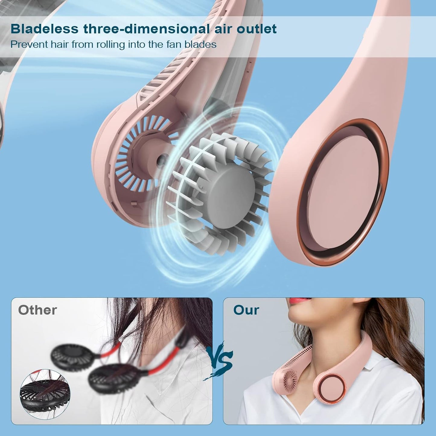 CIVPOWER Neck Fan: Portable Personal Neck Cooling Rechargeable Bladeless Fan - Hands Free 3 Speed 4000 mAh Battery USB Operated Wearable Headphone Design - for Men Women Outdoor Indoor (Pink)