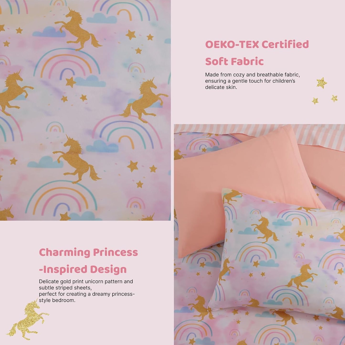 Queen Comforter Set with Sheets for Girls-7 Pieces Queen Bedding Sets with Pink Comforter, Sheets, Pillowcases & Shams for Kids (Gold Unicorn, 90" X 90")