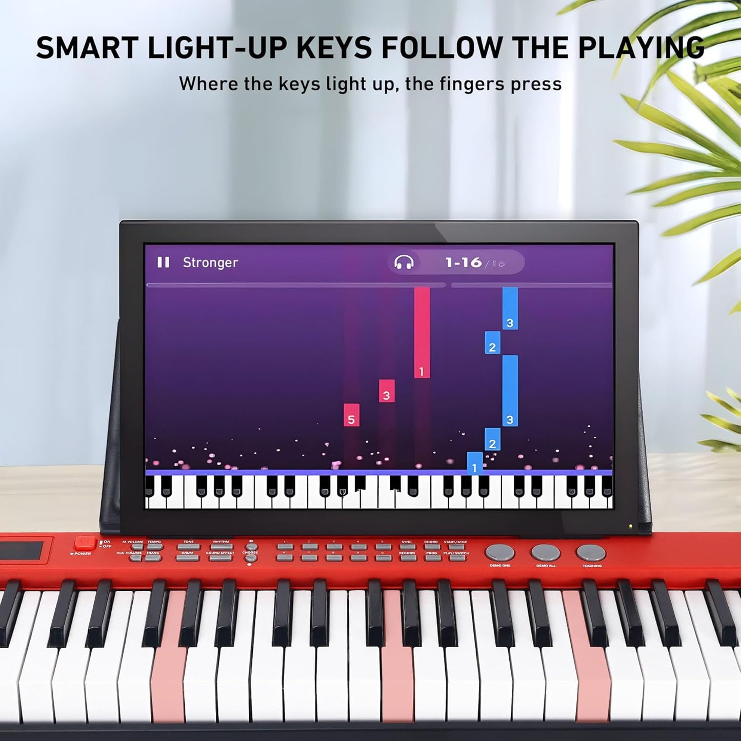 Lexington 61 Key Keyboard Piano, Complete Electronic Piano Keyboard Set for Beginners Adults, Portable Music Keyboard with Lighted Keys, Teaching Modes, Stand, Case, Microphone (61-Key Red)