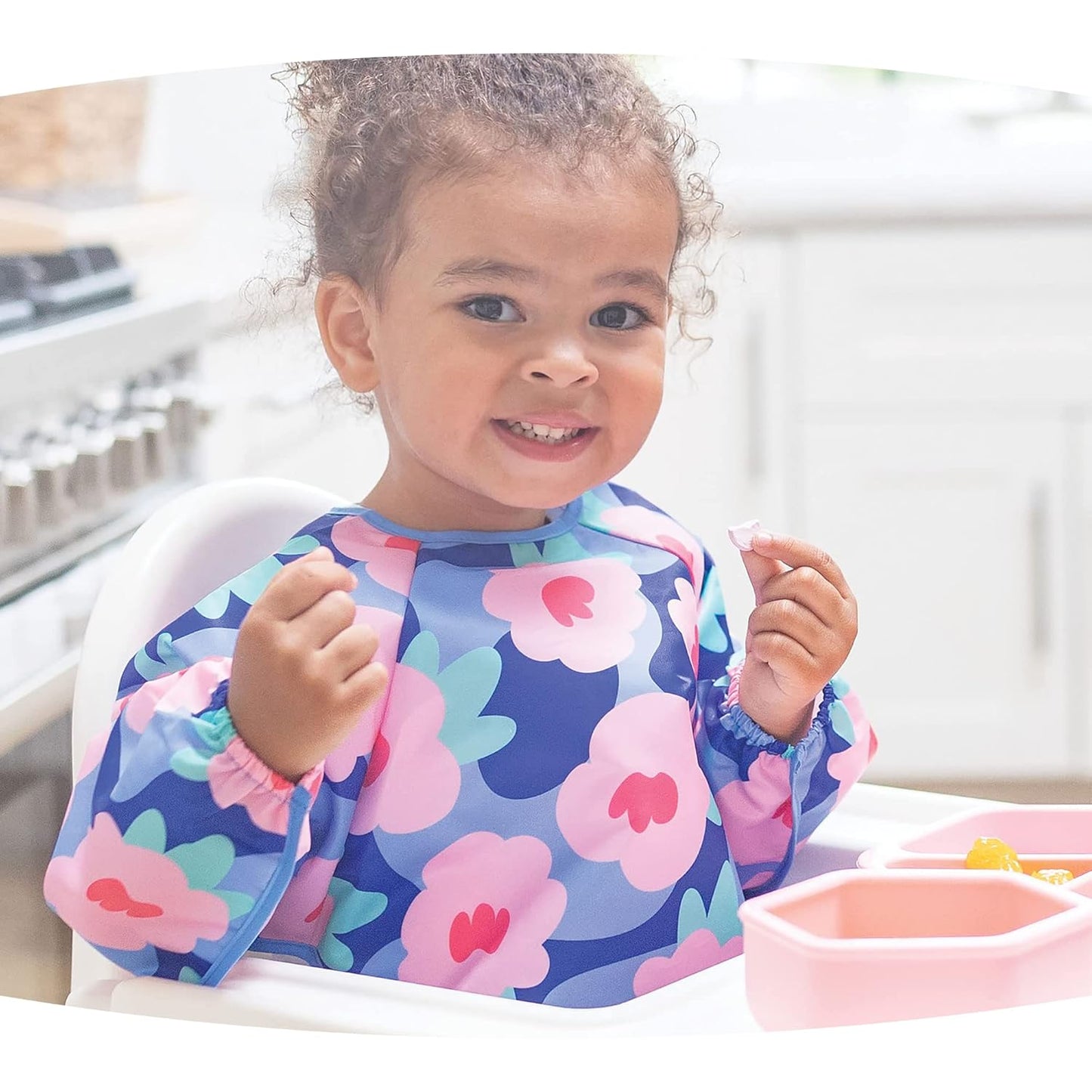 Tiny Twinkle Mess Proof Baby Bib,Waterproof Smock Baby Bib for Eating,Machine Washable Long Sleeve Bib,Baby Led Weaning,Toddler Bib,BLW Supplies(Floral Blue, Large 2-4 Years)