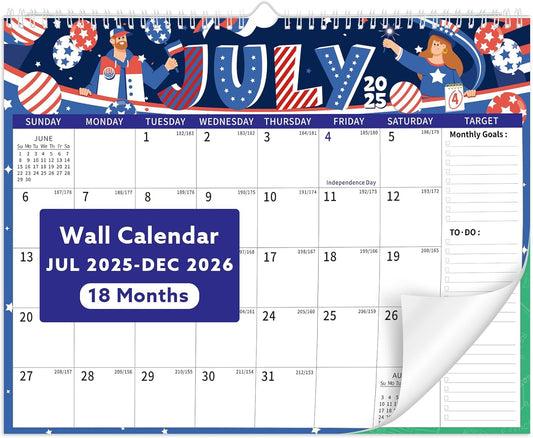 Wall Calendar 2025-2026, 18 Month Large Desk Calendar from July 2025 to December 2026 14.5" x 11.8" Monthly Calendar with Twin-Wire Binding for Home Office Planning Personal Organisers, Festival Style