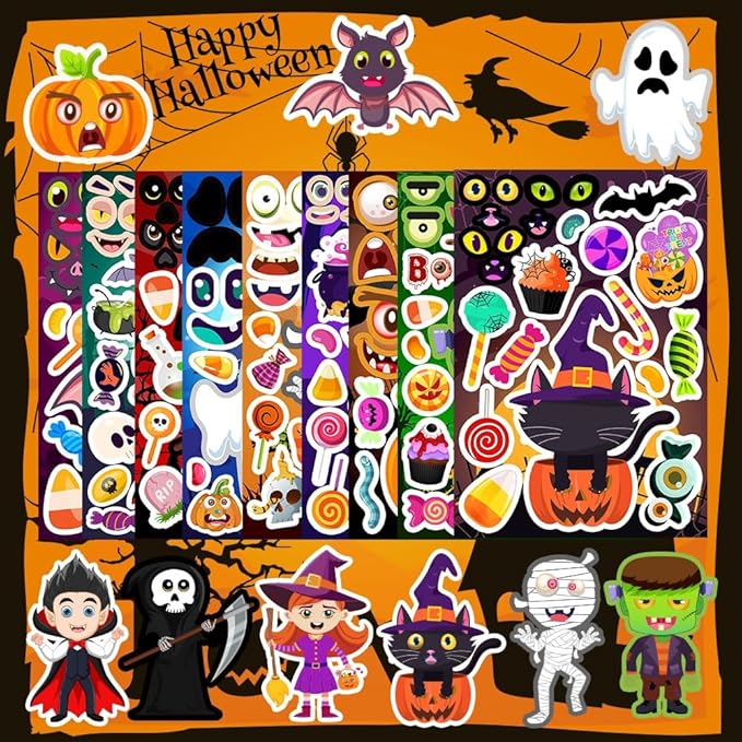 36 Sheets Halloween Stickers for Kids, Make Your Own Halloween Stickers, Halloween Party Games Stickers, Halloween Party Favors DIY Crafts Trick or Treat Party Supplies