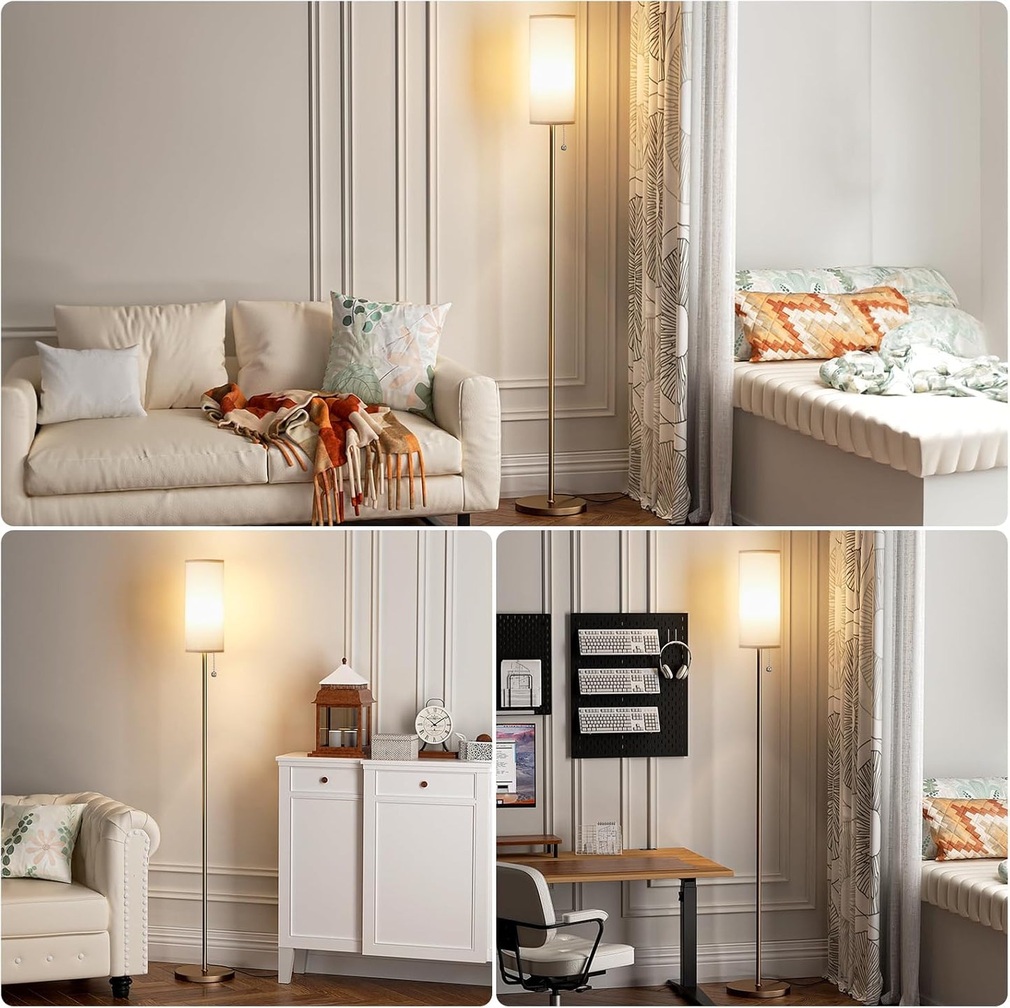 Ambimall Floor Lamp with 3 Color Temperatures Bulb, 64" Standing lamp with Linen lampshade for Bedroom, Minimalist Pole Lamp, White Shade & Brown Pole