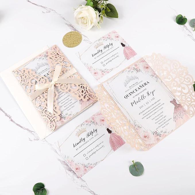 50pcs Blush Pink Wedding Invitations With Envelopes and Rsvp Cards 5x7 Inches Laser Cut Wedding Invitation Pockets for Bridal Shower QuinceañEra Engagement Birthday Invites