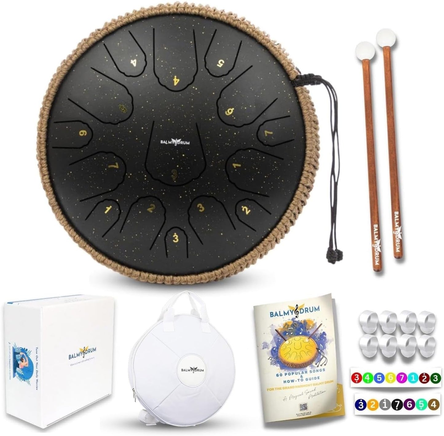 The Balmy Drum - 15 Note 14 Inch Steel Tongue Drum, Steel Drum Instrument, Drums For Children and Adults, Balmy Drum Set for Kids with Music Book, Handpan, Mallet and Carry Bag (Black)