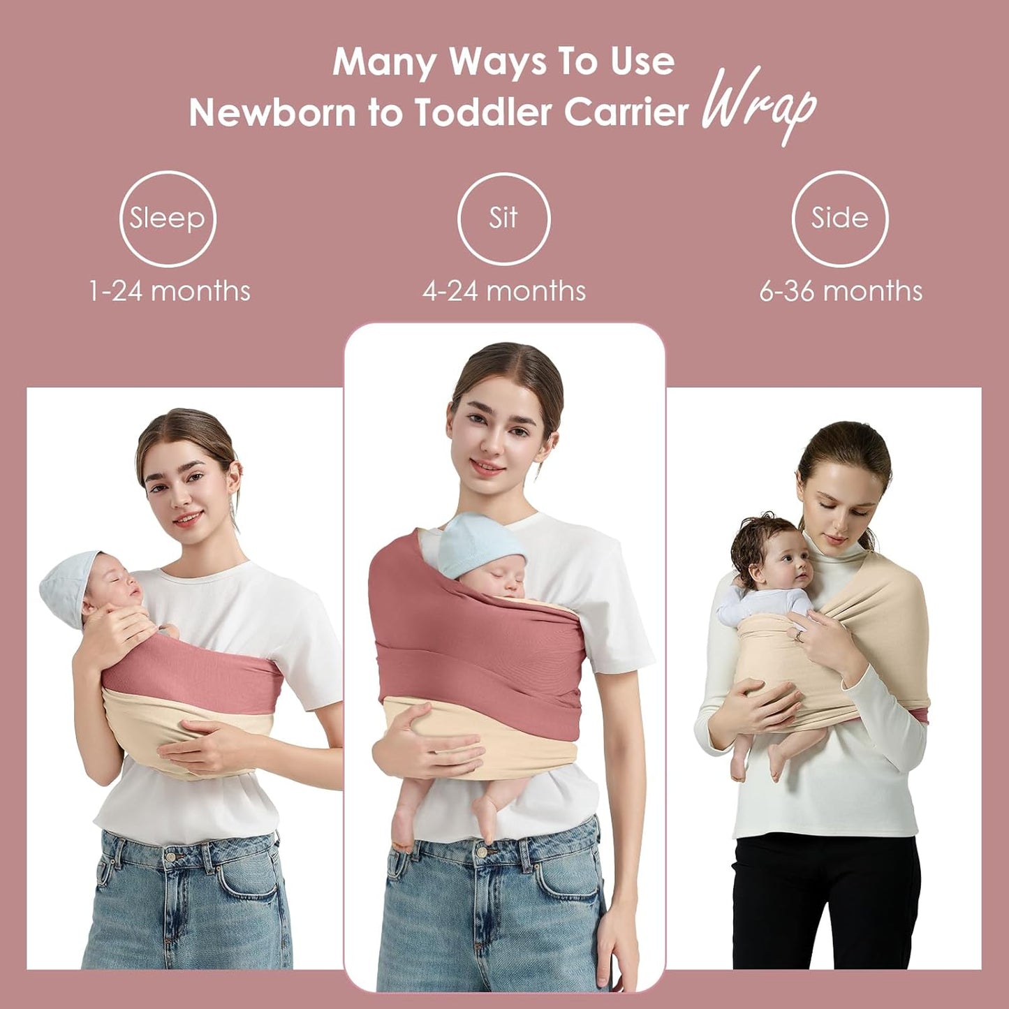 Baby Wrap Carrier, Lightweight Baby Wearing Wraps for Newborn and Infant, Soft Swaddle Holder Carrier, Cozy Baby Sling 7-35 lbs Cream+Pink