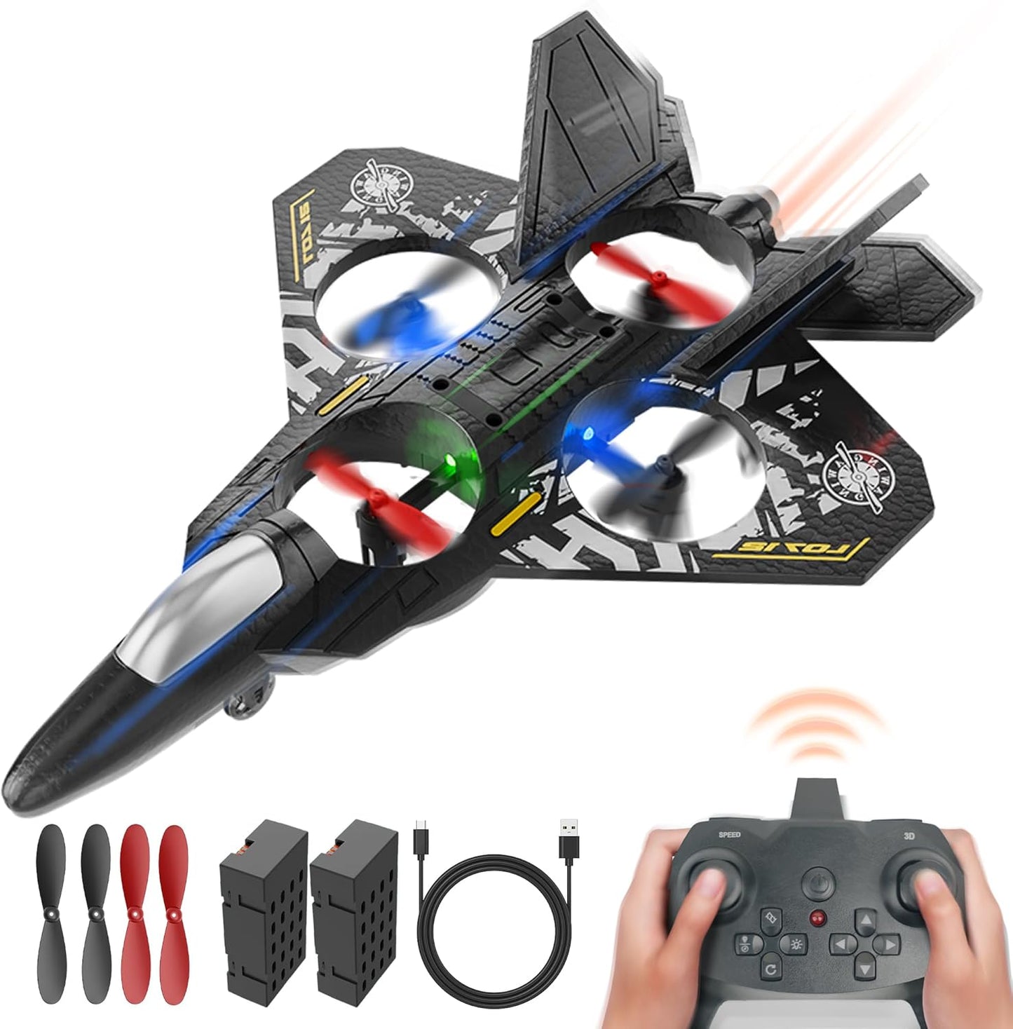 BEZGAR Drones for Kids | 2.4GHZ RC Plane, Remote Control Airplane, RC Helicopter, 360° Flip Fighter Jet Toy with Colorful LED Navigation Light Gray