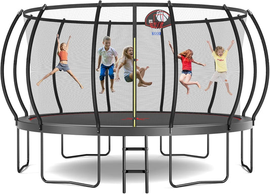 Tatub Large Trampolines Outdoor 10 12 14 15 16FT for Kids and Adults,Outdoor Recreational Pumpkin Trampolines with Curved Poles and Safety Enclosure Net, Basketball Hoop, Ladder