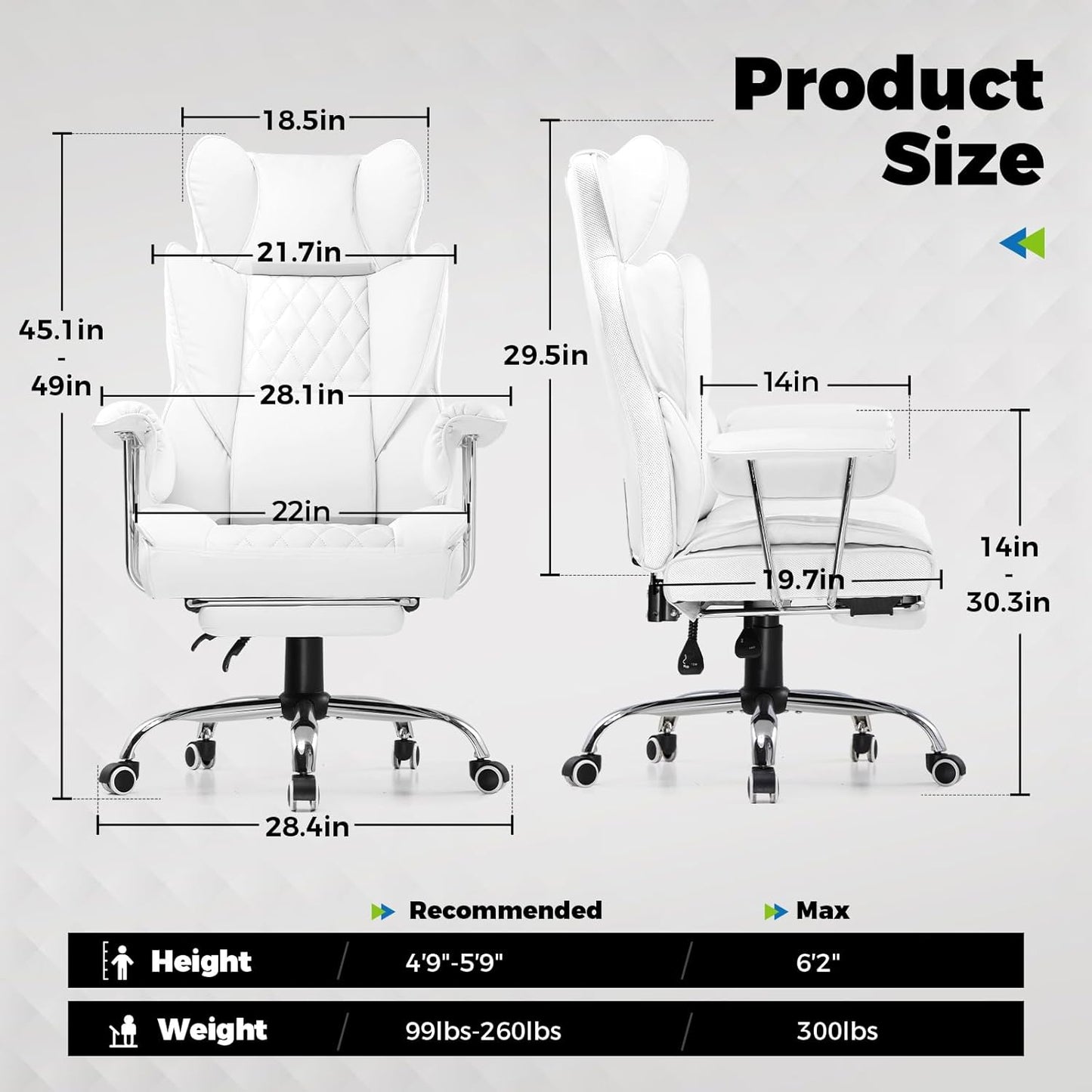 COMHOMA Big and Tall Office Chair, High Back Leather Gaming Chairs with Footrest, Executive Ergonomic Office Chair with Pocket Spring Lumbar Support and with Outward Fixed Soft Armrests