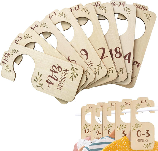 Closet Dividers for Baby Clothes, Wooden Double-Sided Hangers With Size Dividers, Organizer From Newborn to Toddler for Nursery Decor (Leaf)