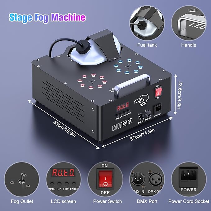 2000W Professional Fog Machine Dual Nozzle with 16 RGB LED, DMX Control Adjustable Smoke Direction, 2.5L Tank LCD Display 30000CFM for Halloween Christmas Stage DJ Party Club Events-4PC
