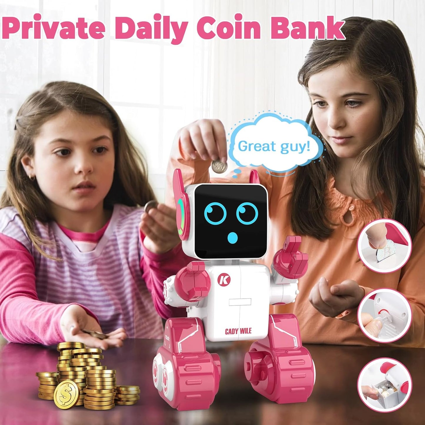 okk Robot Toys for Kids, Programmable Remote Control Robot, Interactive Toys with Coin Bank, LED and Tray, Walking Talking Singing Dancing Gift for Boys Girl（Pink）