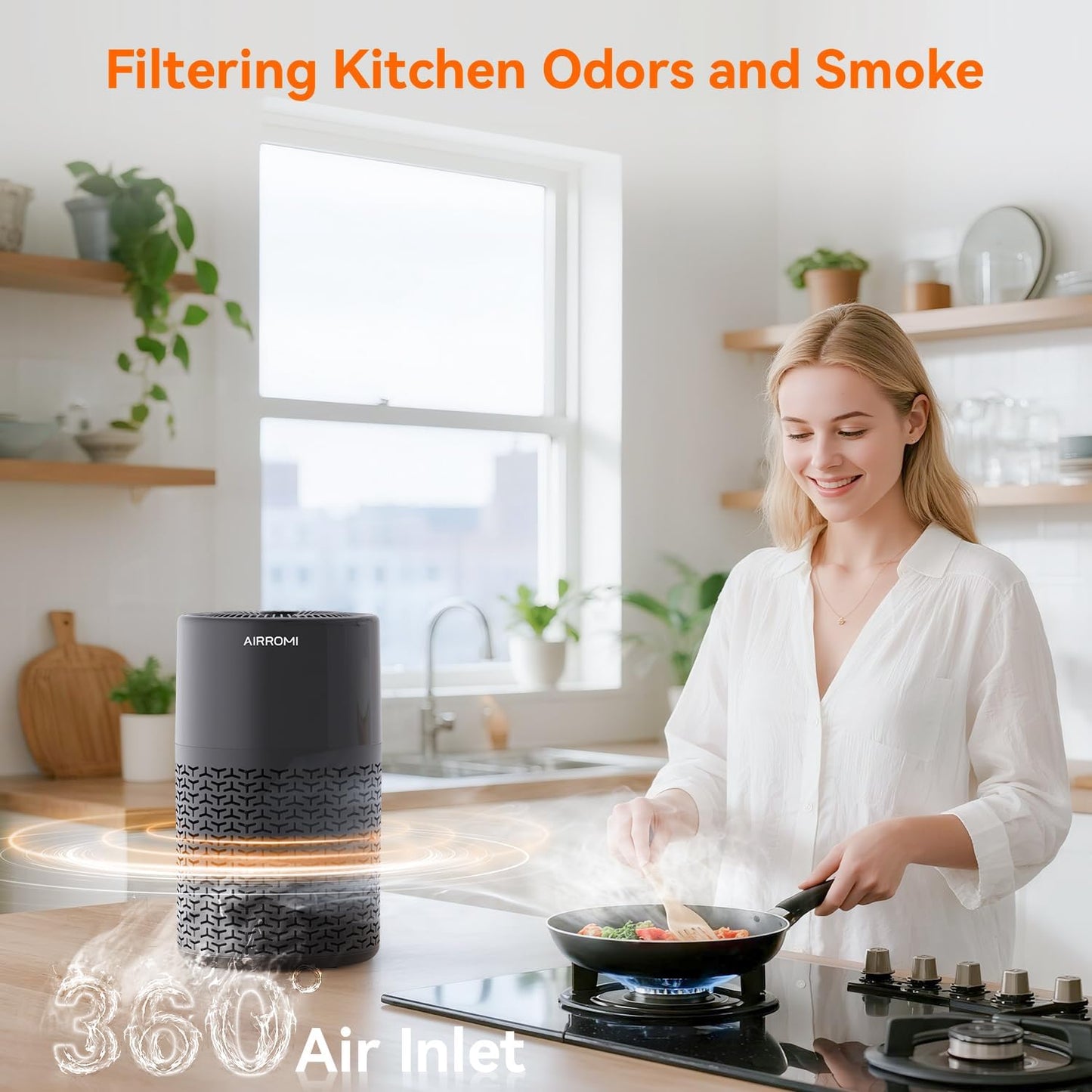 AIRROMI Pets Air Purifier for Home Allergies,Up to 660 ft².Yellow Deodorizing Activated Carbon Filter,With Fragrance Sponge for Better Sleep,Night Light,Pet Dander,Smoke,Odors,Air Cleaner A2002 Black