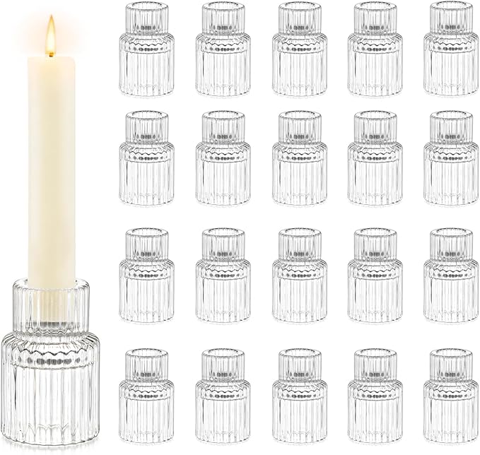 Candle Holder Glass Candlestick Holders: Hewory 20PCS Clear Taper Candle Holders Bulk for Table Centerpiece, Glass Candle Holder Candle Stick Holder Decor for Christmas Wedding Party Bridal Showers