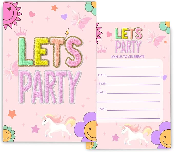 Preppy Patch Birthday Invitations for Girls, Let's Party Birthday Party Invitaions for Party Invites, 4x6 Inches, 30 Sets with Envelopes