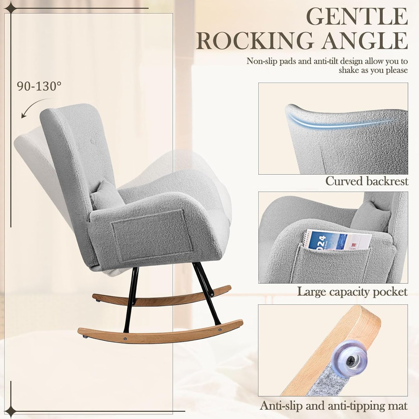 Waleaf Rocking Chair Nursery, Teddy Upholstered Rocking Chair Indoor with High Backrest Glider Accent Chair, Padded Seat Nursing Comfy Chair for Bedroom (Light Gray)