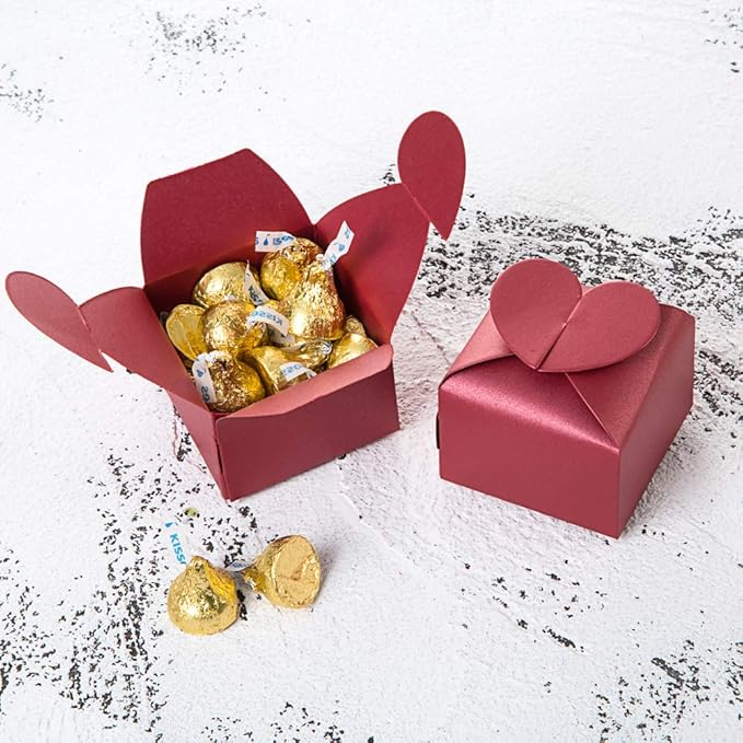 AWELL Burgundy Favor Box Bulk 2.5x2x2.5 inches with Heart Bow Party Favor Box,Burgundy,Pack of 50