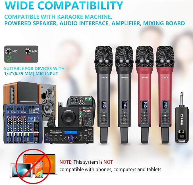 4 Rechargeable Wireless Microphones, Pro Handheld Cordless Mics System with Echo Treble BASS VOL Control for Karaoke Singing Church Party, 1/4'' Output, Grey&Red