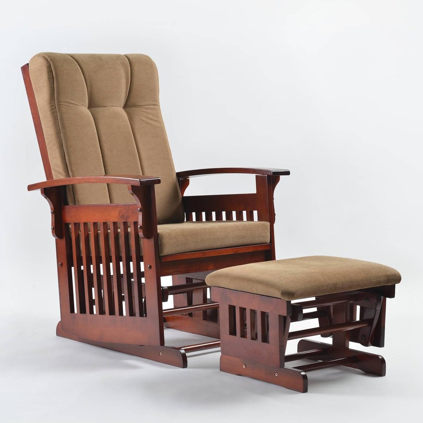 Glider Rocking Chair Nursery with Ottoman Smooth Rocking Motion, Easy to Assemble, Solid Hardwood Base Indoor Adult (Brown)
