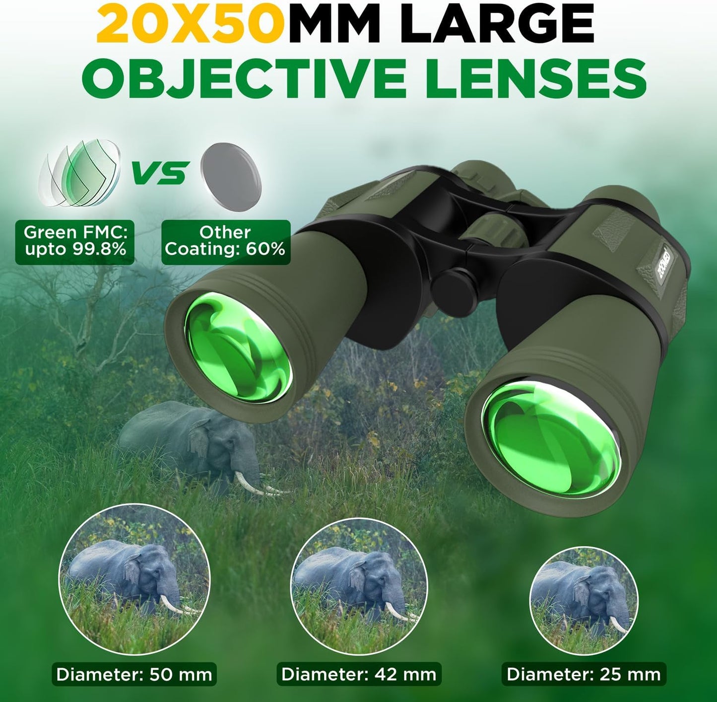 Binoculars with Phone Bracket Adapter, Militar, 20x50, Adults, High Power Waterproof with Low Light Night Vision for Hunting, Travel, Games, Bird, Carrying Case Strap.