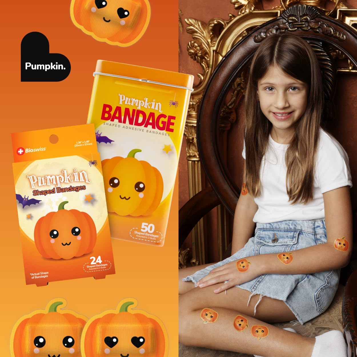BioSwiss Bandages, Halloween Pumpkin Shaped Self Adhesive Bandage, Latex Free Sterile Wound Care, Fun First Aid Kit Supplies for Kids, 50 Count