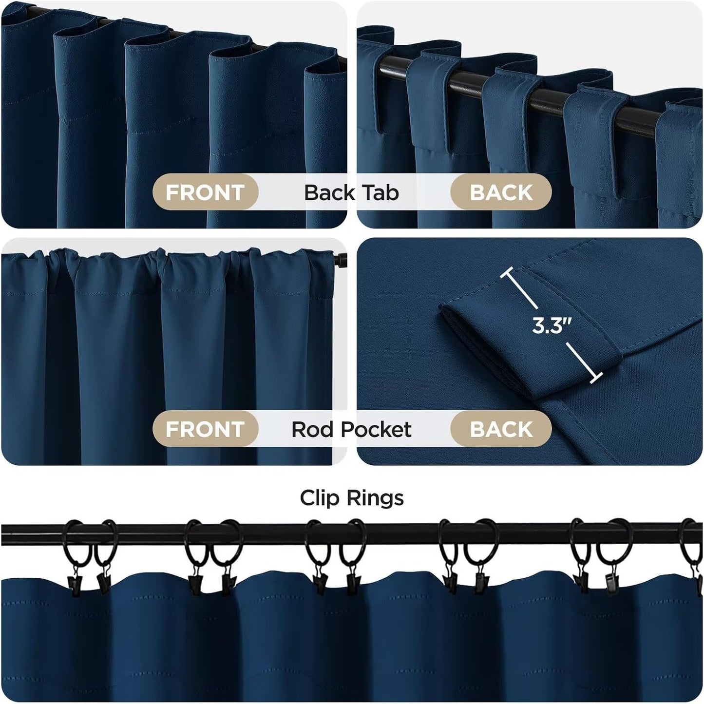 Joydeco 72 Inch Blackout Curtains for Bedroom, Thermal Insulated Black Out Curtains 2 Panels Set, Room Darkening Drapes for Living Room Window Rod Pocket Back Tab (W37 x L72 Inch, Navy Blue)