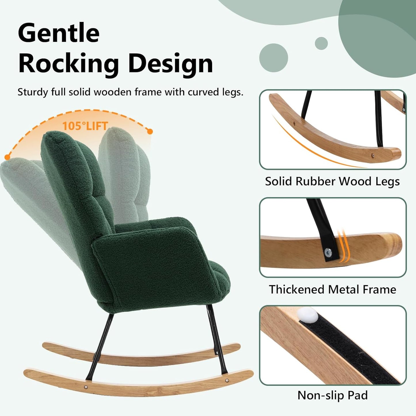 NIOIIKIT Nursery Rocking Chair Teddy Fabric Upholstered Glider Rocker Rocking Accent Chair Padded Seat with High Backrest Armchair Comfy Side Chair for Living Room Bedroom(Green Teddy)