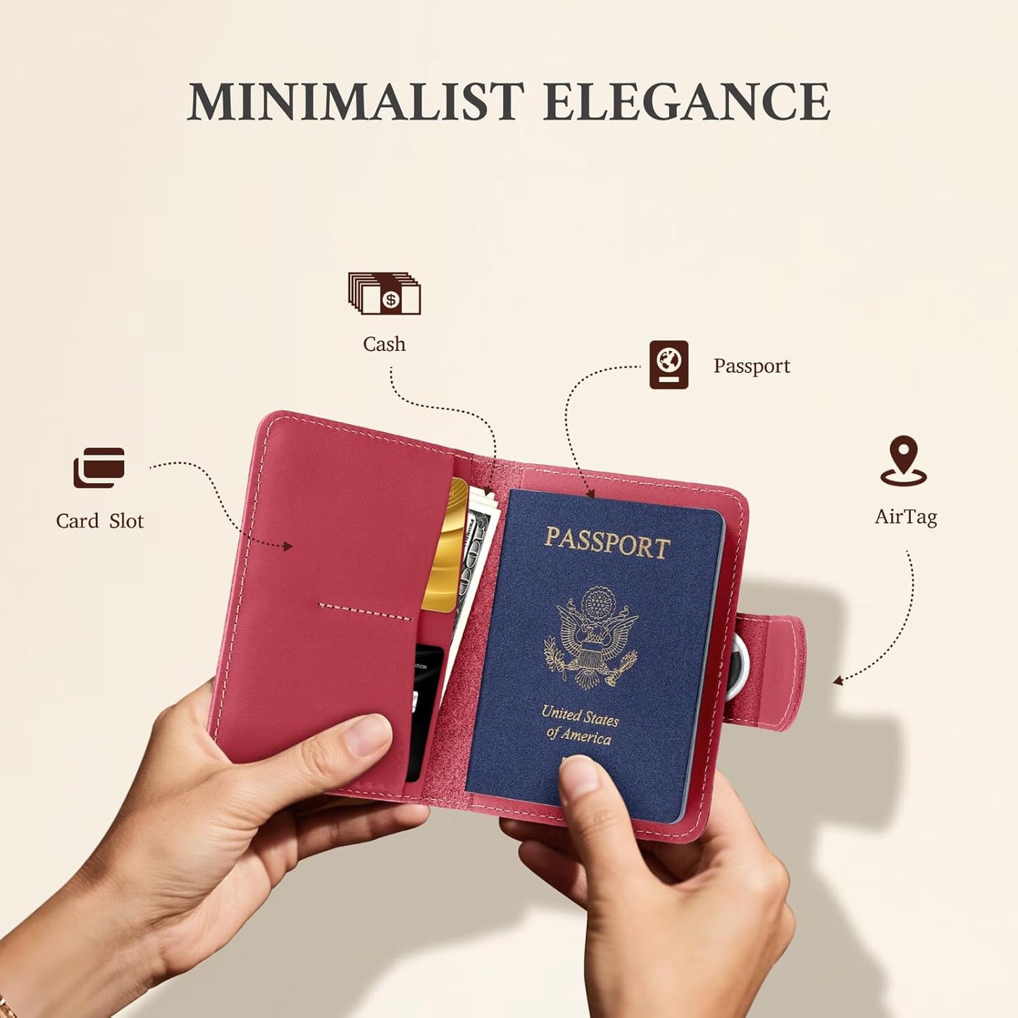ALLIVE Rfid Passport Holder for Travel, Women, Rfid Passport Cover Wallet, Genuine Leather Passport Holder for Travel with AirTag Hidden, Airport Essentials, Travel Gifts (Rose Pink)