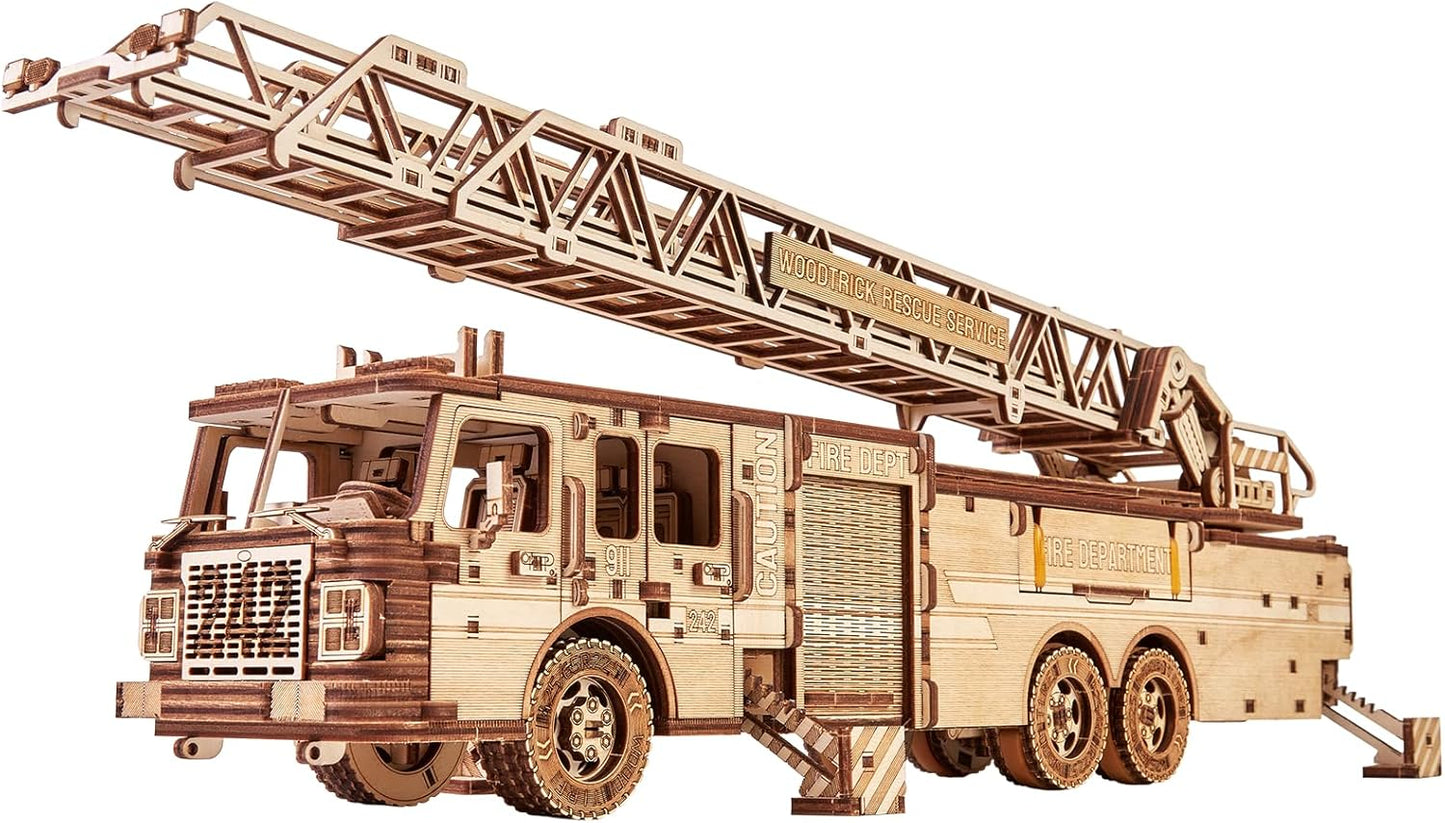 Wood Trick Rescue Firetruck Movable - Rotating Extendable Ladder - 3D Wooden Puzzles for Adults and Kids to Build - Rides up to 20 ft - Wooden Models Engineering DIY Project Mechanical Model Kit