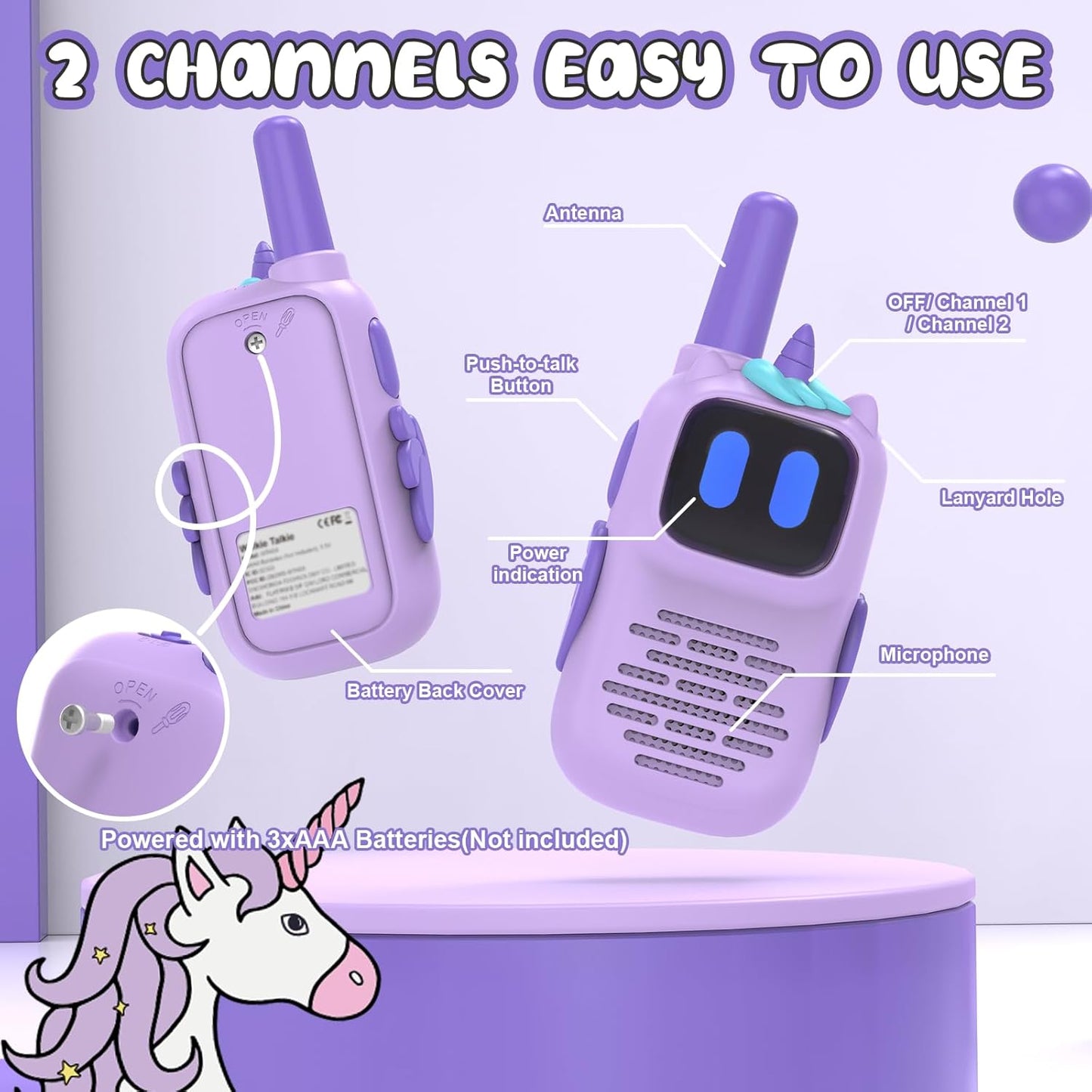 Purple Walkie Talkies with Silicone Cover, Toys for 3-4 Year Old Girls Boys, Kids Walkie Talkies 1000FT Range 2 Way RadioToy Christmas Birthday Gifts for 6-10 Year Old Girls Boys