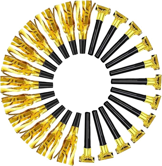 24pcs Party Blowers,Gilding Noisemakers Party Blowouts Squawkers Fringed Noise Maker,Birthday Noisemakers Birthday Blow Horns Party Whistles (Black and gold)