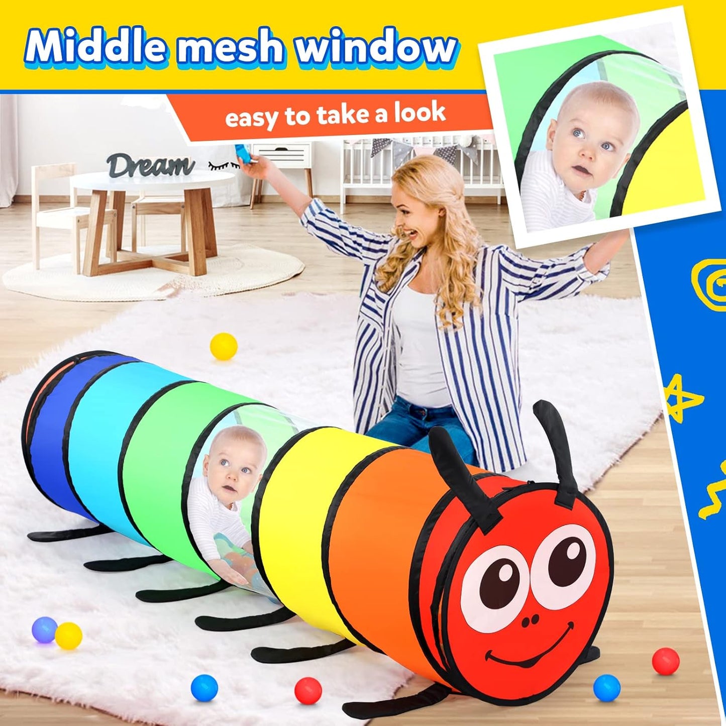 Moncoland Kids Play Tunnel for Toddlers, 6-ft Colorful Pop Up Crawl Through Tunnel Play Tent for Baby or Dog Cat, Collapsible Gift for Boy Girl Games Indoor Outdoor Toys