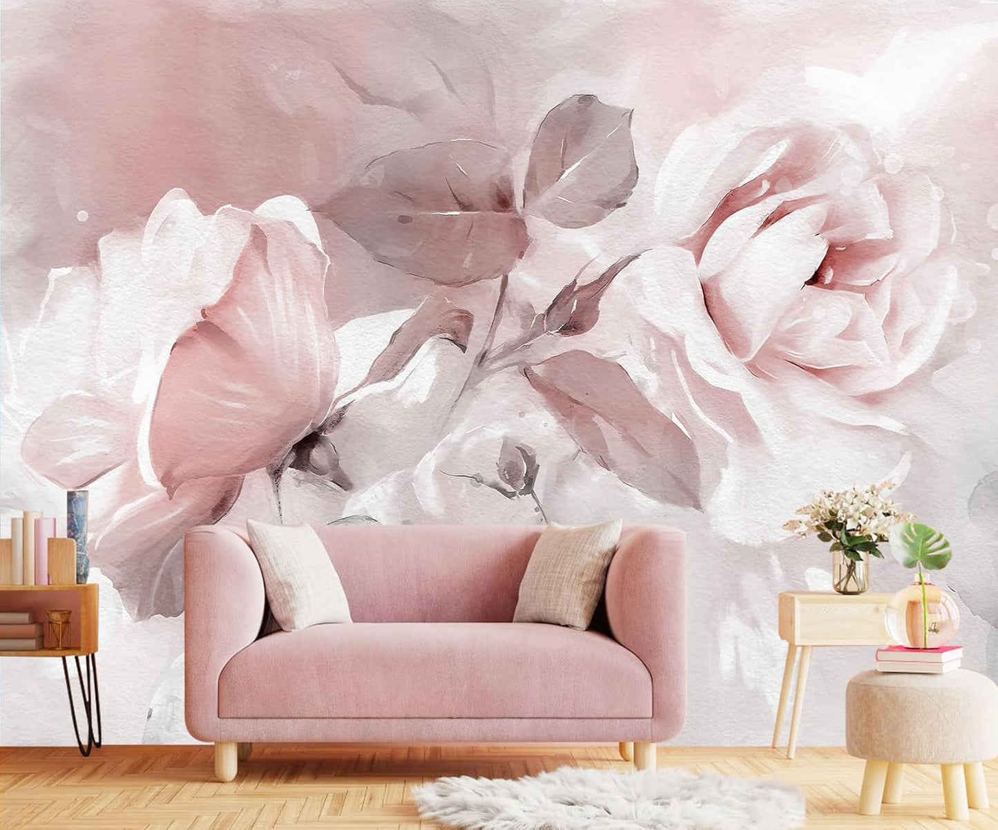 Pink Watercolor Peony Floral Mural Wallpaper Rose Flower Wall Mural for Living Room Bedroom Dining Room Office(Not Self-Adhesive)