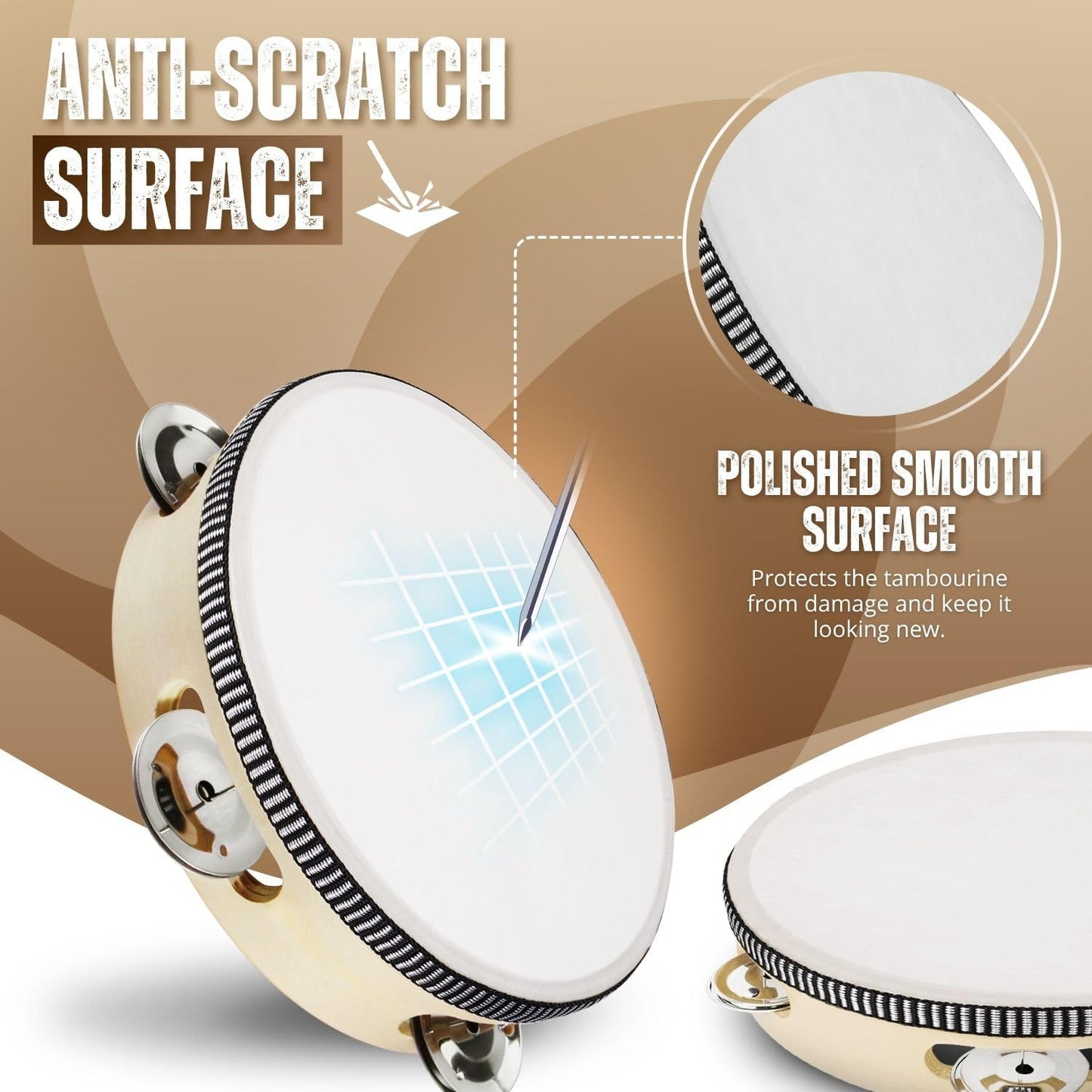 Flexzion Wooden Round Tambourine for Kids and Adults 6" Inch Single Row 8 Pair Jingles, Wood Handheld Percussion Instrument for Beginner and Professional Tambourine Player