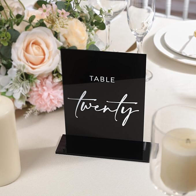 UNIQOOO Black Wedding Double Sided Table Numbers with Stands 1-20 set, 5x7'' Acrylic Signs with Holders and Printed Calligraphy, Seat Display Wedding Decor Perfect for Centerpiece, Reception