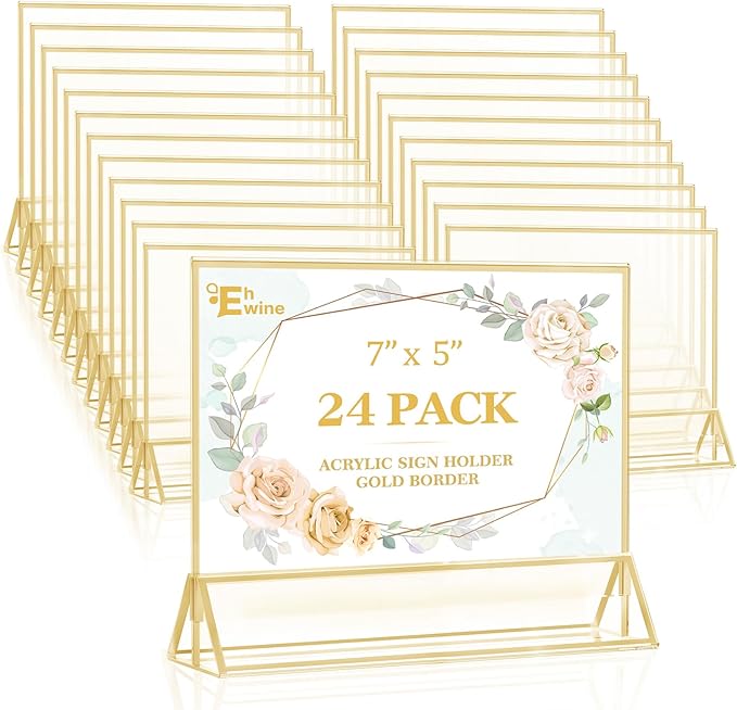 EHWINE 24 Pack Acrylic Sign Holder 5 x 7 Horizontal, Double-Sided Stand up Table Top Sign Holders, Gold Acrylic Picture Frame Menu Flyer Paper Holder Display Stand for Office Business Store Wedding Party