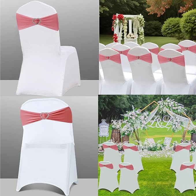 Coral Red Chair Sashes 25 Pack Spandex Coral Red Sashes for Chairs Covers Universal Stretch Chair Sashes Band with Heart Buckle Slider Universal Sashes Bows for Wedding Banquet Party Decorations