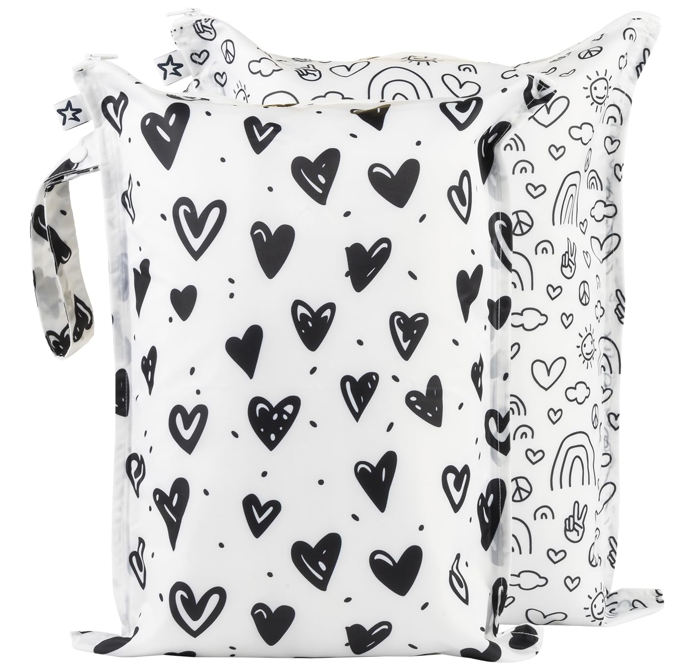 Tiny Twinkle Mess-Proof Waterproof Wet Dry Bag | 2-Pack Reusable Wet Bags for Swimsuits & Baby Clothes | Leakproof Wet Bag for Travel & Diaper Changes for Baby (Black, White)