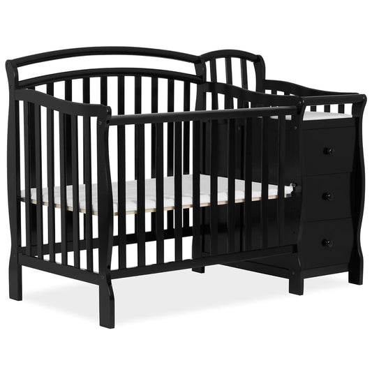 Dream On Me Casco 3-in-1 Mini Convertible Baby Crib & Changer with Storage in Black, Pinewood, GreenGuard Gold & JPMA, 1” Mattress Pad, 3 Mattress Heights, Converts to Mini Day & Twin-Size Bed