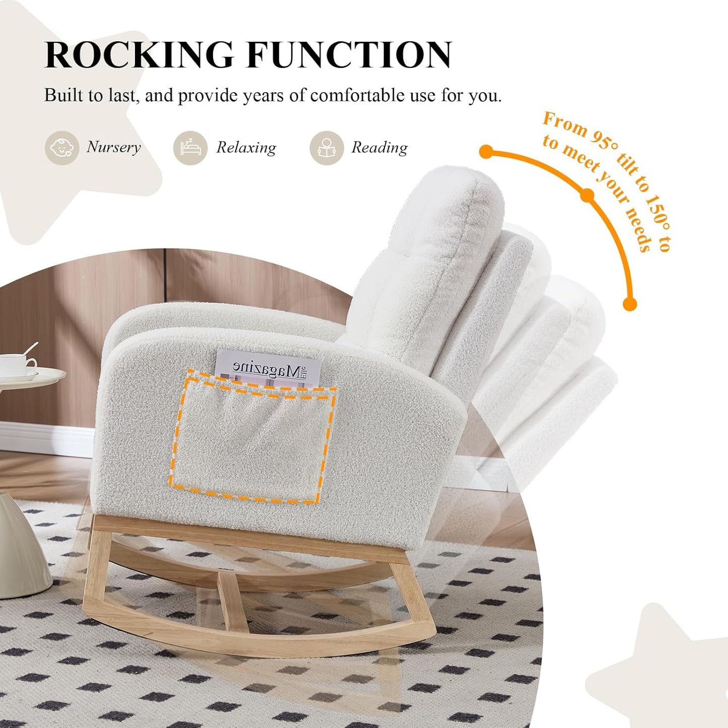 NIOIIKIT Nursery Rocking Chair, Teddy Upholstered Glider Chair with Side Pocket, Glider Rocker Chair with Tufted Back, Comfy Accent Nursing Chair for Living Room (White Retro)