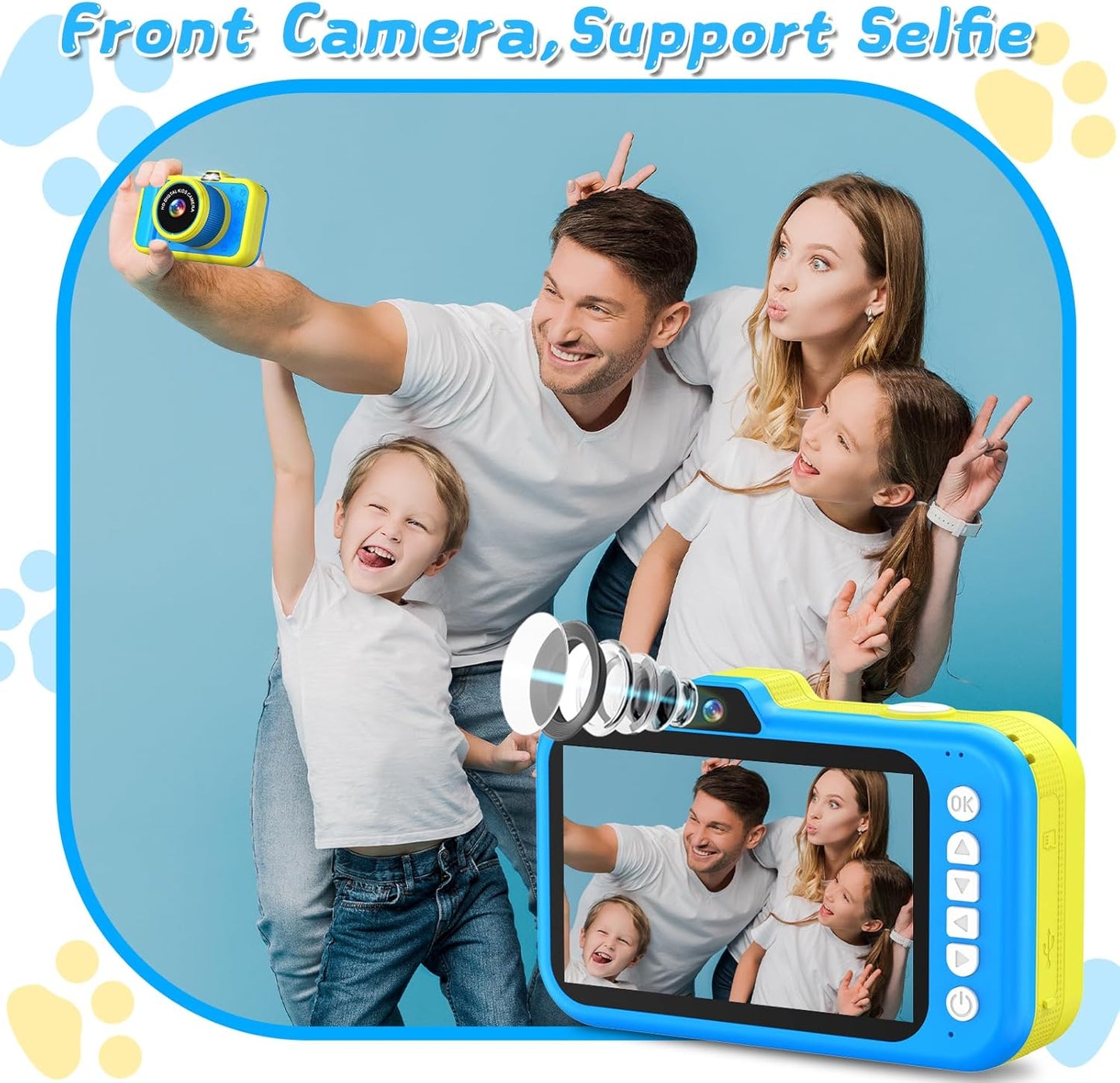 Kids Camera with Rotating Zoom Lens, 3.5” Large Screen, 1080P Kids Digital Camera with Flash,Selfie, 32GB Card, Toddler Toy Camera Christmas Birthday Gifts for Boys Girls 3-12 Years Old-Blue