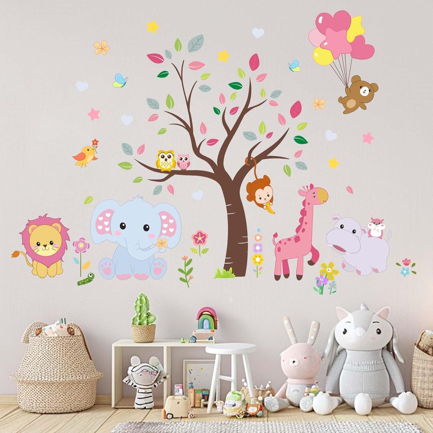 Pink Animals Baby Wall Stickers - Forest Lion Elephant Monkey Hippo Wall Decals - Girls Baby Nursery Kids Room Wall Decor