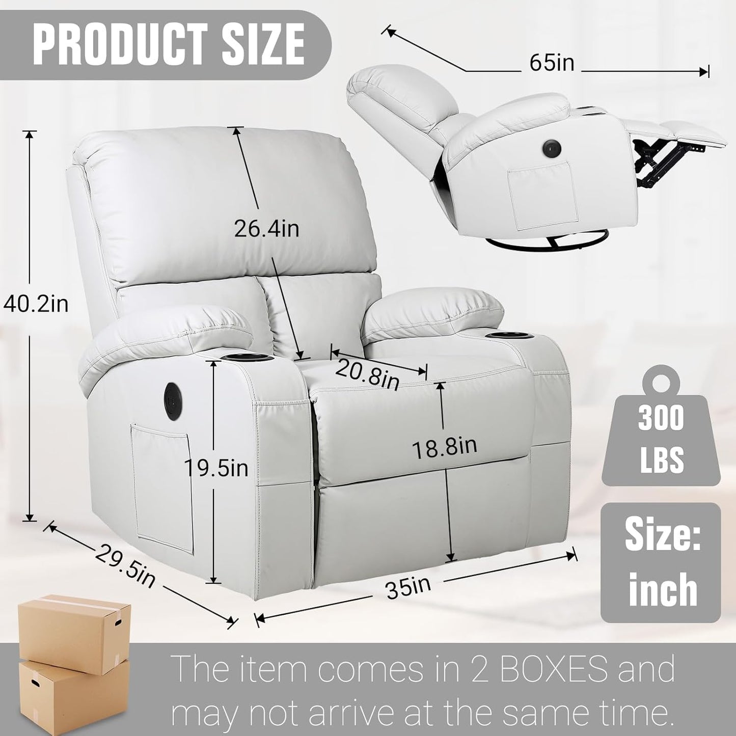 Rocking Recliner Chair, Massage Rocker Recliner Chair with Vibration Massage and Heat, USB and Type-C Ports,360° Swivel Faux Leather Chairs, Living Room, Bedroom, Nursery, RV, Light Grey