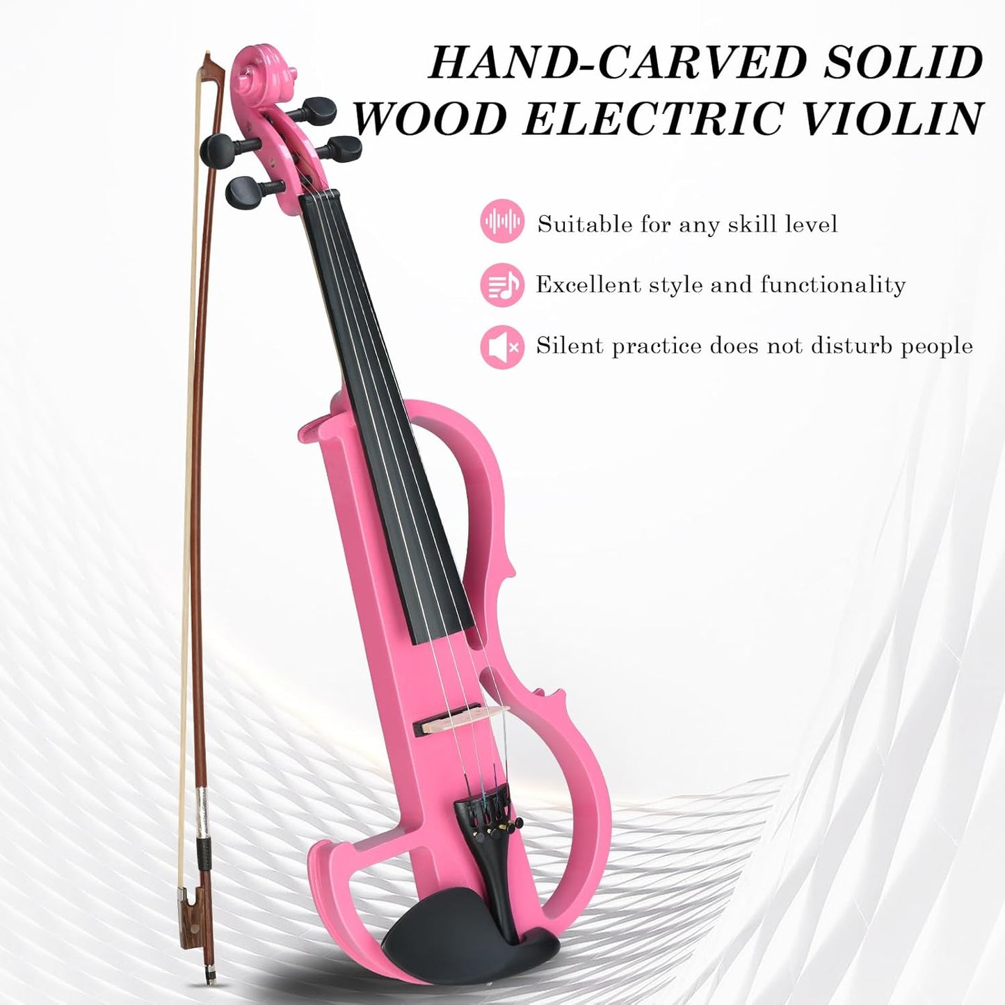 Ktaxon Full Size Electric Violin, 4/4 Acoustic Silent Electric Violin for Beginner Adults Teens with Ebony Fittings, Case, Bow, Headphone, Rosin and Extra String (Pink)