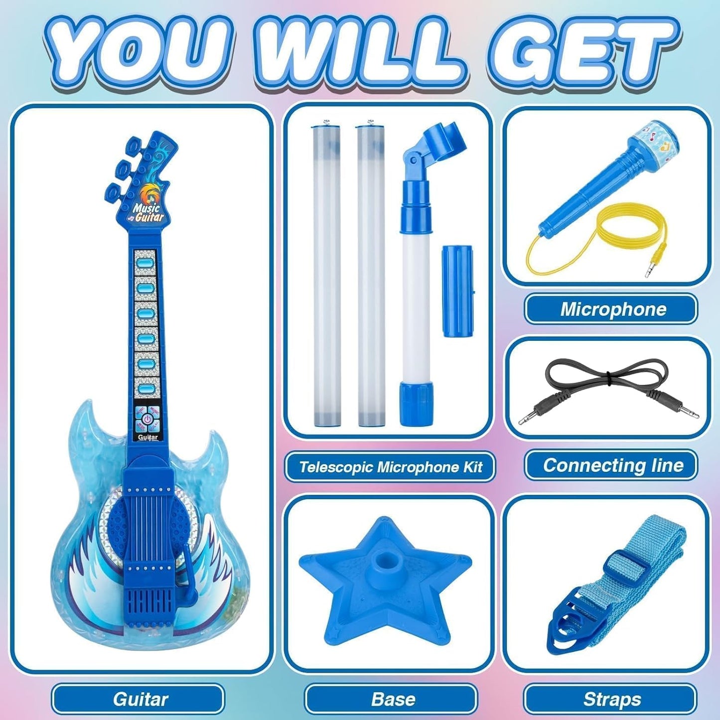 Kids Guitar and Microphone Set, Toy Guitar with Adjustable Volume and Strap, Microphone with Stand and Color Light, Toddler Musical Instrument for 3-5 5-9, Kids Karaoke Machine for Boy Girls(Blue)