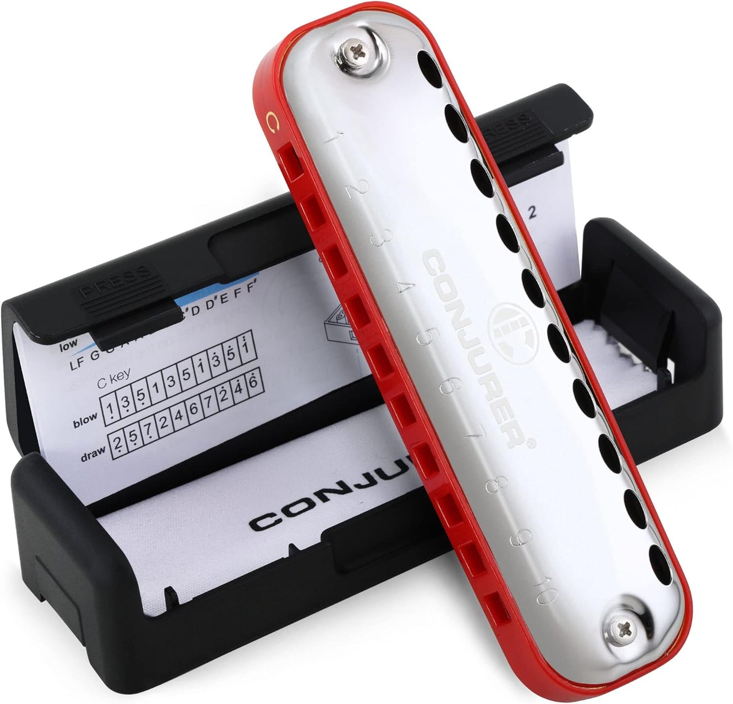 CONJURER Blues Harmonica for Kids Adult Beginners 10 Hole Diatonic Harmonica Key of C, Brass Reed Metal Mouth Organ C Key Blues Harp with Case, Red